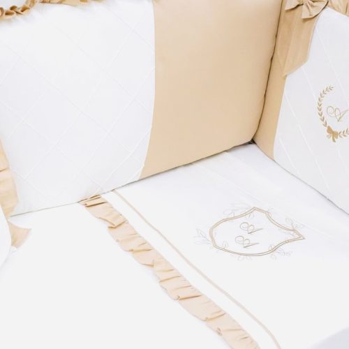 Ensemble de Lit pour Berceau Luxueux Personnalisé Beige et Blanc avec Broderie, Nœuds Décoratifs